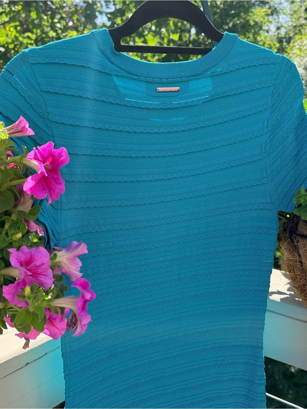 Michael KORS Teal Stretchy Bodycon Short Sleeve Ribbed Dress Blue Ruffled Small